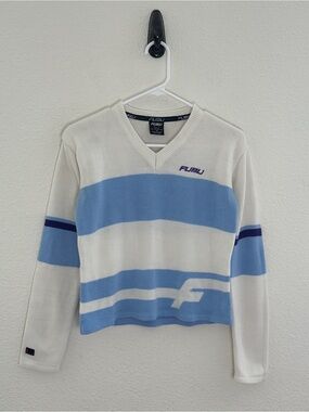FUBU Vintage 90s 2000s Y2K Pastel Blue White Striped V-Neck Knit Sweater Small S